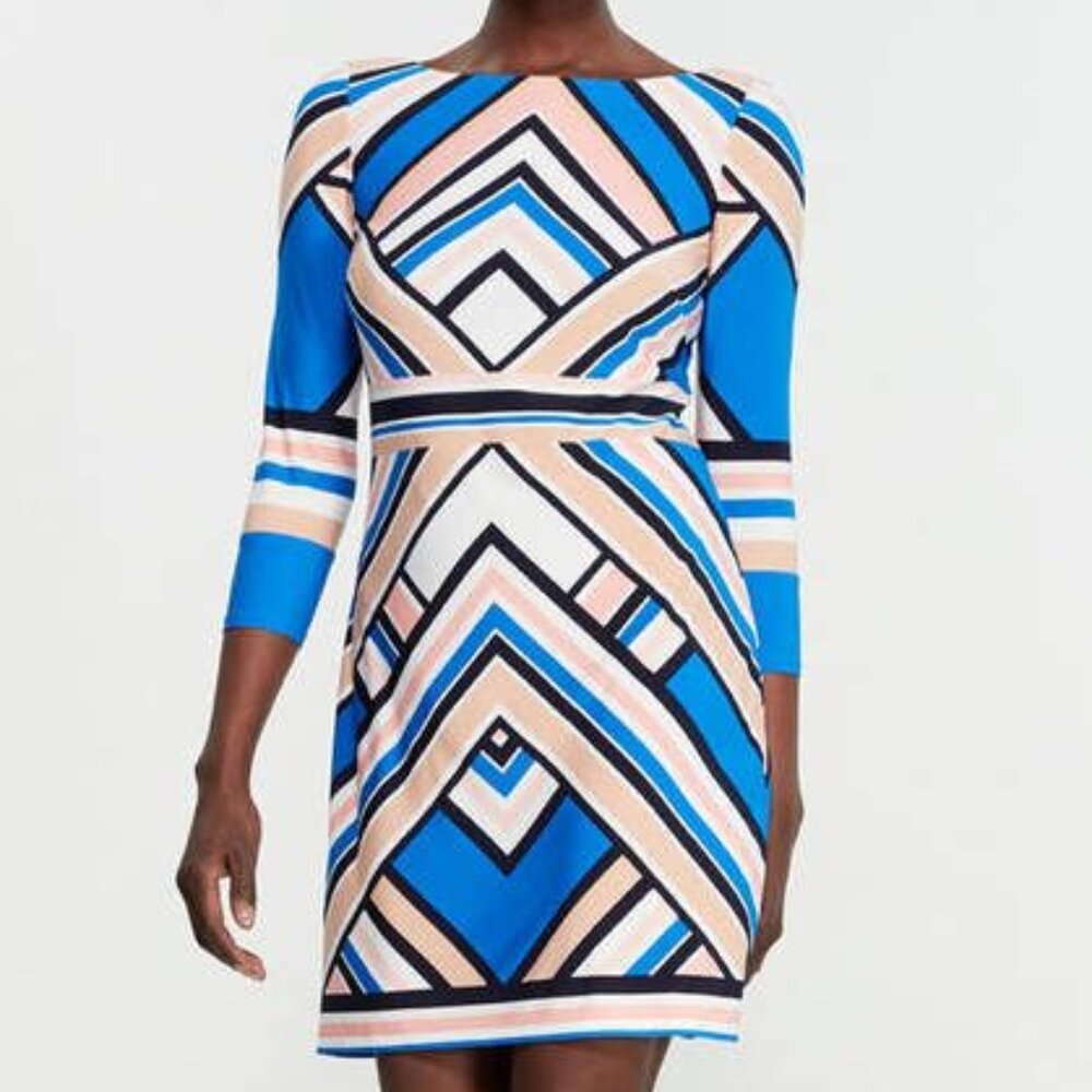 Vince Camuto Blue Geometric Striped Mid-sleeve Midi Dress